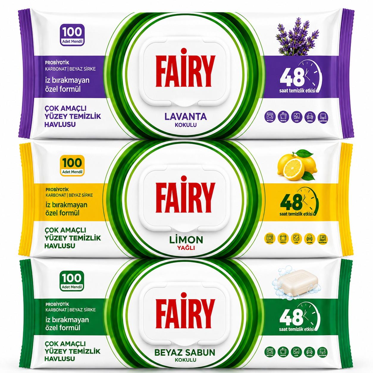 combo_3 FAIRY universaalsed puhastuslapid – Valge seebi+Sidruni+Lavendli lõhn (3×100 tk) - Image 1