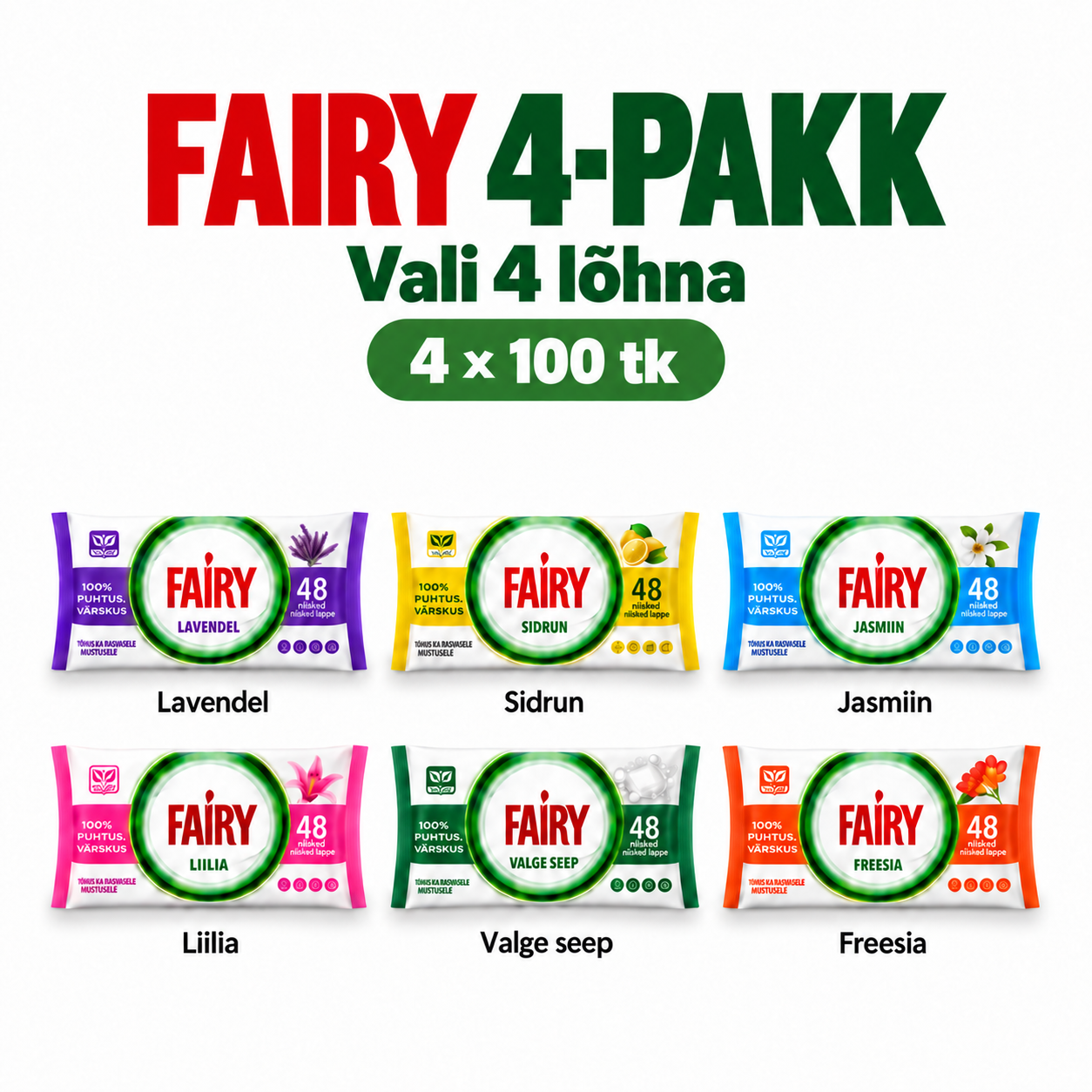 FAIRY puhastuslapid 4-pakki – vali 4 lõhna